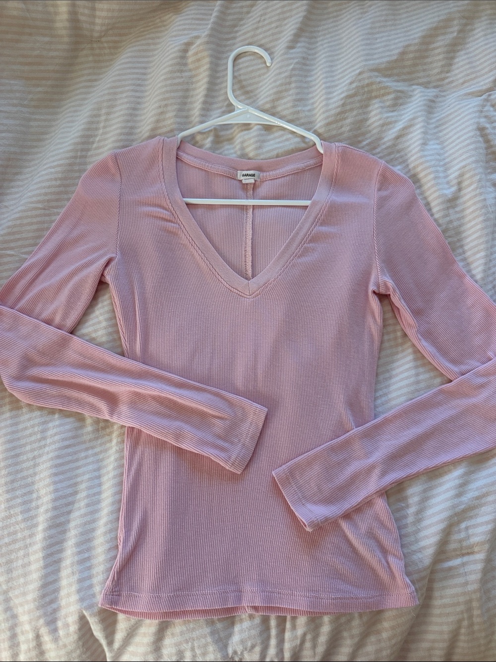 Garage Light Pink Ribbed V-Neck Long Sleeve Top